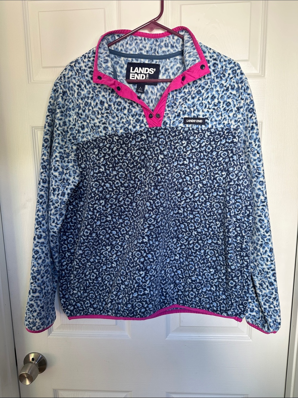Lands' End Blue Leopard Fleece Pullover with Pink Trim Accents
